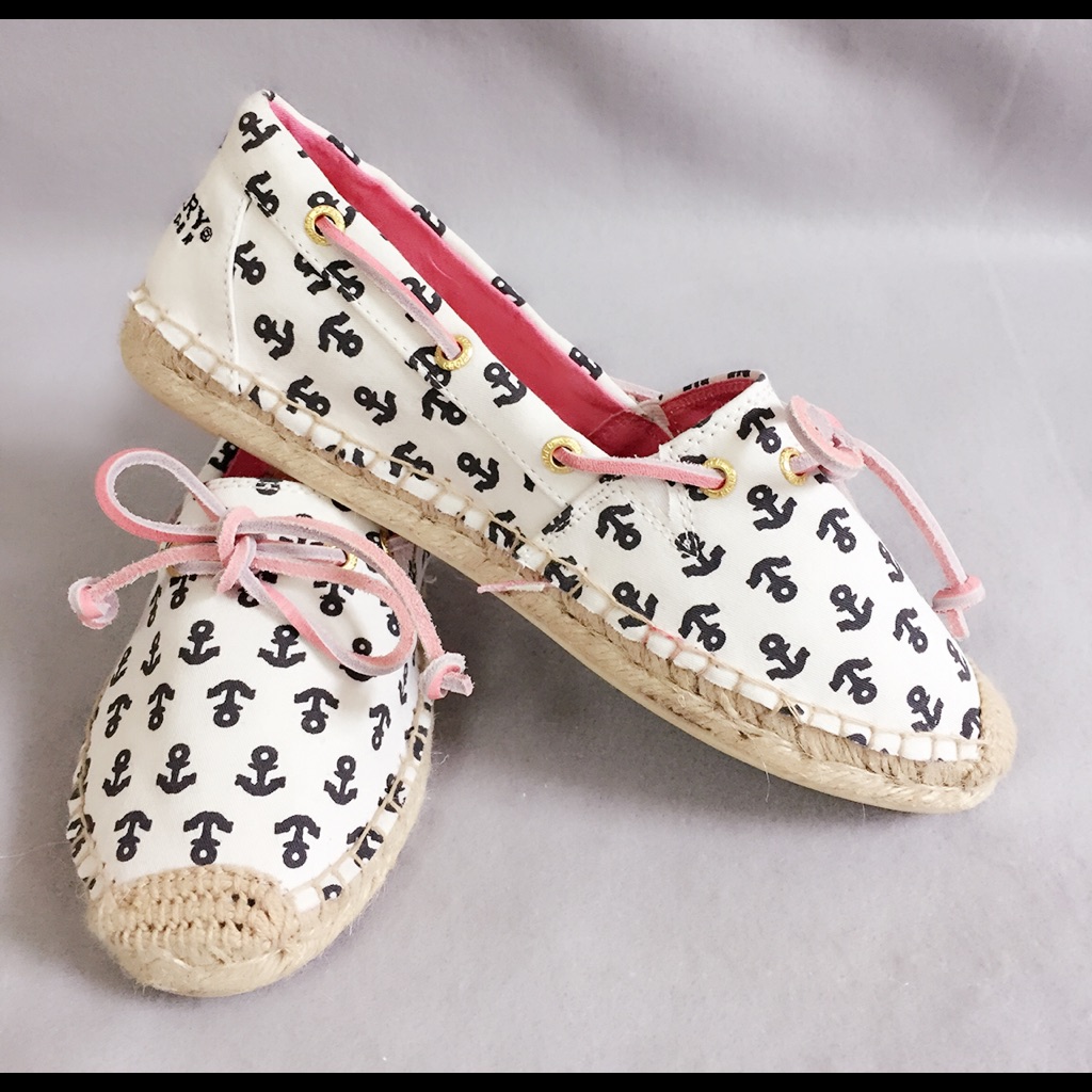 Brand New Cute Sperry Top-Sider Anchor Prints Canvas Flats Shoes White Blue 37